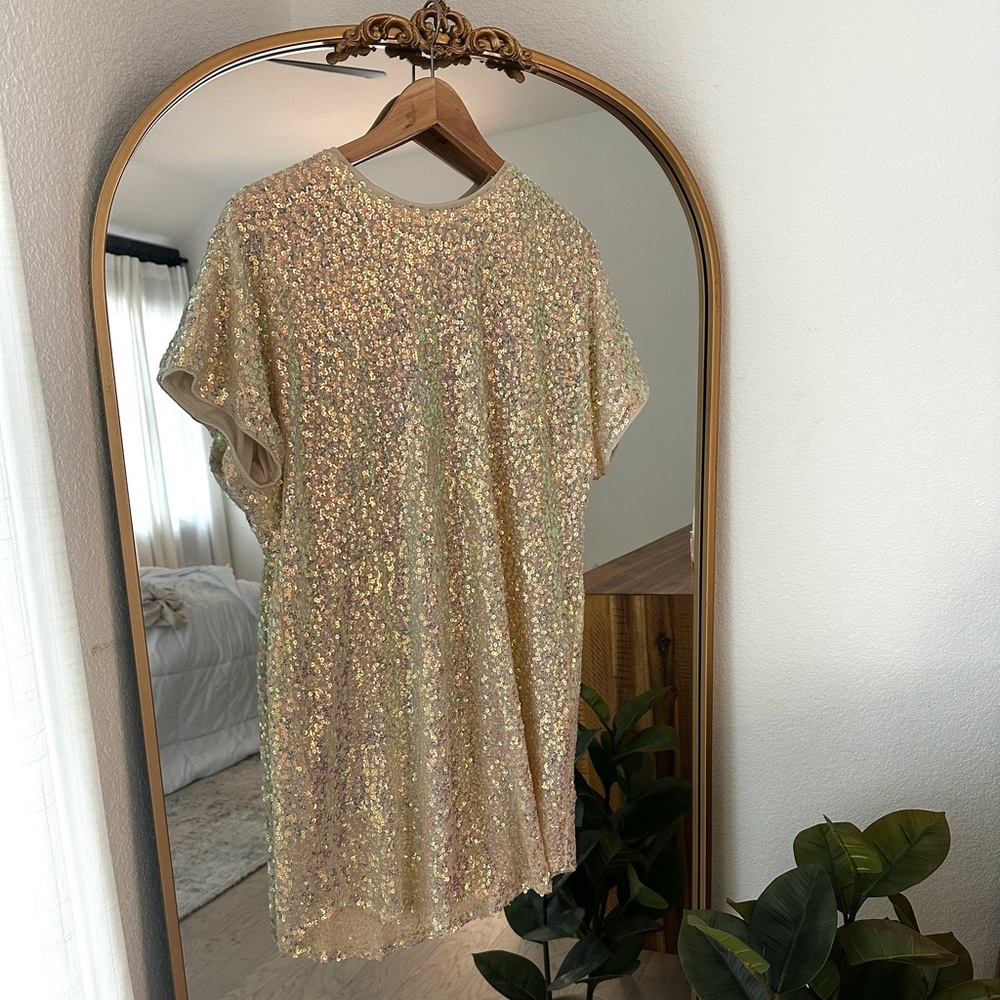 T-shirt dress, sparkly with sequins. Loose fit, but still compliments figure.